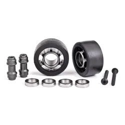 Wheels, wheelie bar, 6061-T6 aluminum (dark titanium-anodized) (2)/ axle, wheelie bar, 6061-T6 aluminum (2)/ 10x15x4 ball bearings (4)