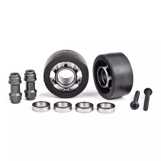 Wheels, wheelie bar, 6061-T6 aluminum (dark titanium-anodized) (2)/ axle, wheelie bar, 6061-T6 aluminum (2)/ 10x15x4 ball bearings (4)