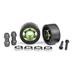 Wheels, wheelie bar, 6061-T6 aluminum (green-anodized) (2)/ axle, wheelie bar, 6061-T6 aluminum (2)/ 10x15x4 ball bearings (4)