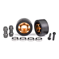 Wheels, wheelie bar, 6061-T6 aluminum (orange-anodized) (2)/ axle, wheelie bar, 6061-T6 aluminum (2)/ 10x15x4 ball bearings (4)