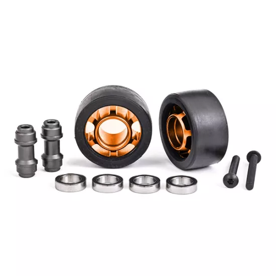 Wheels, wheelie bar, 6061-T6 aluminum (orange-anodized) (2)/ axle, wheelie bar, 6061-T6 aluminum (2)/ 10x15x4 ball bearings (4)