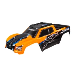 Body, X-Maxx, Orange (Painted, Decals Applied) (Assembled With Front & Rear Body Mounts, Rear Body Support, And Tailgate Protector)