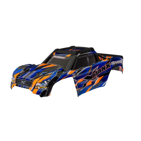 Body, X-Maxx, orange (painted, decals applied) (assembled with front & rear body mounts, rear body support, and tailgate protector)