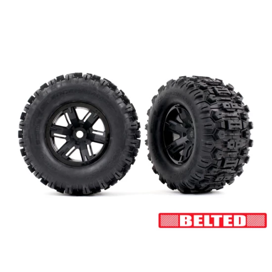 Tires & wheels, assembled, glued (X-Maxx black wheels, Sledgehammer belted tires, dual profile (4.3' outer, 5.7' inner), foam inserts) (left & right)