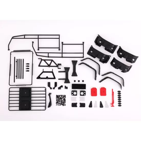 Body, Land Rover Defender, complete (clear, trimmed, requires painting) (includes grille, side mirrors, door handles, windshield wipers, ExoCage, spare tire mount, decals, window masks)