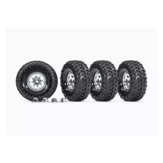 Tires and wheels, assembled, glued (1.9' classic chrome wheels, Canyon Trail 4.6x1.9' tires) (4)/ center caps (4)/ decal sheet (requires #8255A extended stub axle)