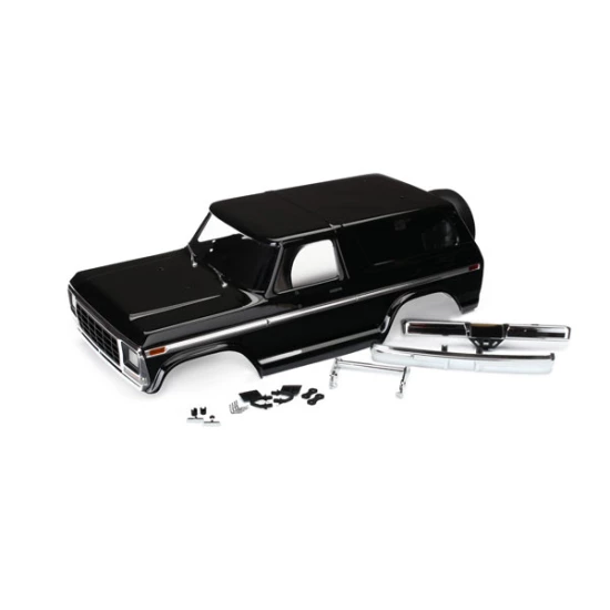 Body, Ford Bronco, complete (black) (includes front and rear bumpers, push bar, rear body mount, grille, side mirrors, door handles, windshield wipers, spare tire mount, red and sunset decals) (requires #8072 inner fenders) (for clipless mounting)