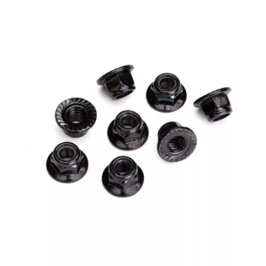 Nuts, 5mm flanged nylon locking (steel, black serrated) (8)