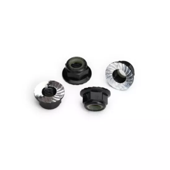 Nuts, 5mm flanged nylon locking (aluminum, black-anodized, serrated) (4)