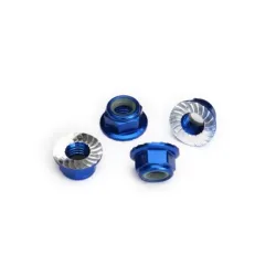 Nuts, 5mm flanged nylon locking (aluminum, blue-anodized, serrated) (4)