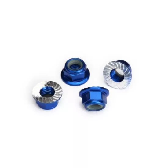 Nuts, 5mm flanged nylon locking (aluminum, blue-anodized, serrated) (4)