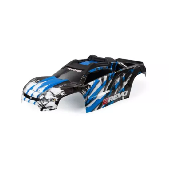 BODY, E-REVO, BLUE/ WINDOW, GRILLE, LIGHTS DECAL SHEET (ASSEMBLED WITH FRONT & REAR BODY MOUNTS AND REAR BODY SUPPORT FOR CLIPLESS MOUNTING)