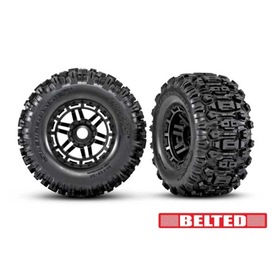 Tires & wheels, assembled, glued (black wheels, belted Sledgehammer All-Terrain tires, dual profile (2.9' outer, 3.8' inner), foam inserts) (2) (17mm splined) (TSM rated)