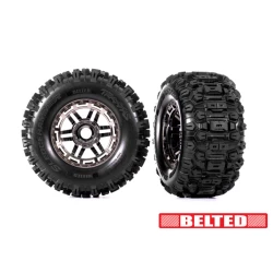 Tires & wheels, assembled, glued (black chrome wheels, belted Sledgehammer All-Terrain tires, dual profile (2.9' outer, 3.8' inner), foam inserts) (2) (17mm splined) (TSM rated)