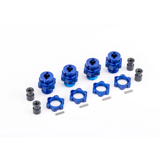 Wheel hubs, splined, 17mm, short (blue-anodized) (4)/ wheel nuts, splined, 17mm (blue-anodized) (4)/ hub retainer M4 X 0.7 (4)/ axle pin (4) (for use with 9080 upgrade kit)