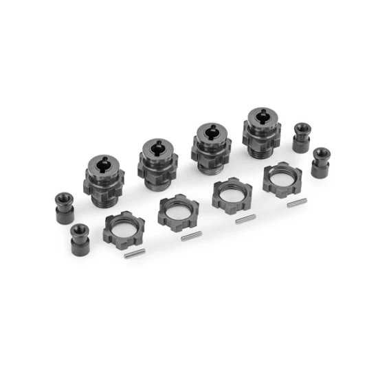 Wheel hubs, splined, 17mm, short (gray-anodized) (4)/ wheel nuts, splined, 17mm (gray-anodized) (4)/ hub retainer M4 X 0.7 (4)/ axle pin (4) (for use with 9080 upgrade kit)