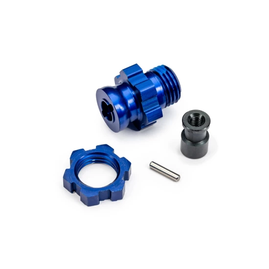 Wheel hub, splined, 17mm, short (blue-anodized) (1)/ wheel nut, splined, 17mm (blue-anodized) (1)/ hub retainer, M4 X 0.7 (1)/ axle pin (1) (for use with #9080 upgrade kit)