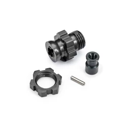 Wheel hub, splined, 17mm, short (grey-anodized) (1)/ wheel nut, splined, 17mm (grey-anodized) (1)/ hub retainer, M4 X 0.7 (1)/ axle pin (1) (for use with #9080 upgrade kit)