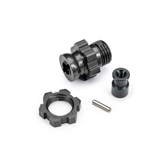 Wheel hub, splined, 17mm, short (grey-anodized) (1)/ wheel nut, splined, 17mm (grey-anodized) (1)/ hub retainer, M4 X 0.7 (1)/ axle pin (1) (for use with #9080 upgrade kit)