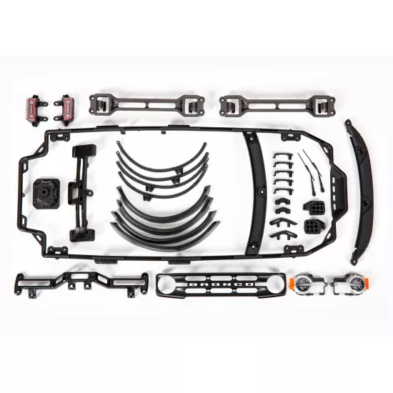Body, Ford Bronco (2021) (clear, requires painting)/ decals/ window masks (includes grille, side mirrors, door handles, fender flares, windshield wipers, spare tire mount, clipless mounting, hardware) (requires #8080X inner fenders)