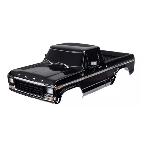 Body, Ford F-150 (1979), complete, black (painted, decals applied) (includes grille, side mirrors, door handles, windshield wipers, front & rear bumpers, clipless mounting) (requires #9288 inner fenders) (roll bar sold separately choose #9262 chrome, 926