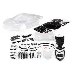 Body, Chevrolet Corvette Stingray (clear, trimmed, requires painting)/ decal sheet (includes side mirrors, spoiler, grilles, vents, hardware, & clipless mounting)