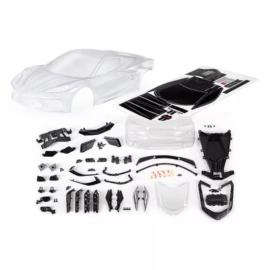 Body, Chevrolet Corvette Stingray (clear, trimmed, requires painting)/ decal sheet (includes side mirrors, spoiler, grilles, vents, hardware, & clipless mounting)
