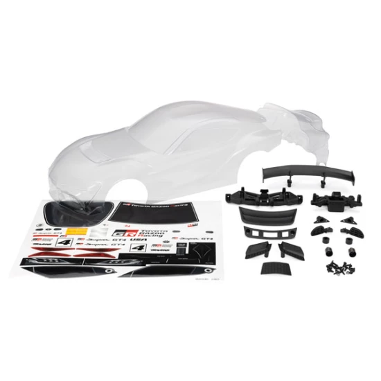 Body, Toyota Supra GT4 (clear, trimmed, requires painting)/ decal sheet (includes side mirrors, wing, grilles, vents, hardware, & clipless mounting)