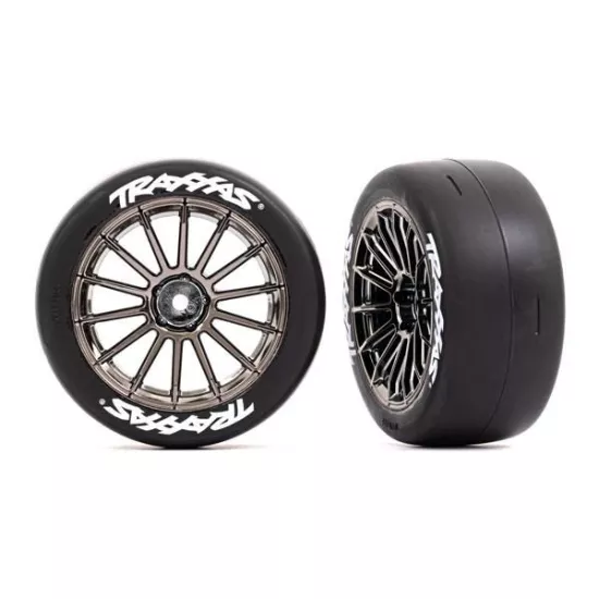 Tires and wheels, assembled, glued (multi-spoke black chrome wheels, 2.0' slick tires with Traxxas logo, foam inserts) (front) (2) (VXL rated)