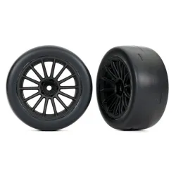 Tires and wheels, assembled, glued (multi-spoke black chrome wheels, 2.0' slick tires with Traxxas logo, foam inserts) (rear) (2) (VXL rated)