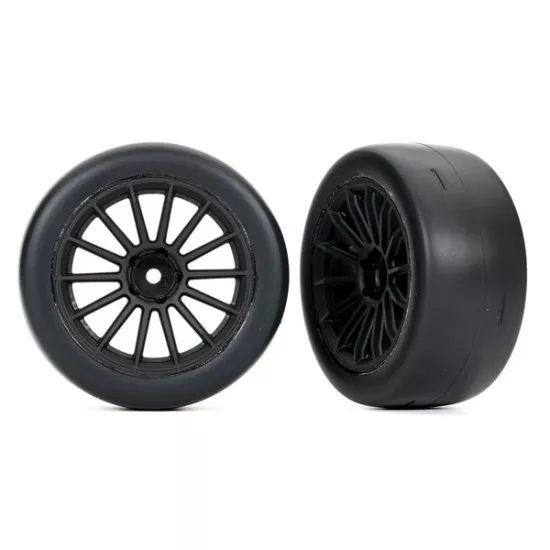 Tires and wheels, assembled, glued (multi-spoke black chrome wheels, 2.0' slick tires with Traxxas logo, foam inserts) (rear) (2) (VXL rated)