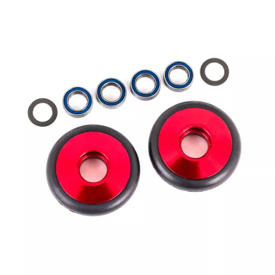 Wheels, wheelie bar, 6061-T6 aluminum (red-anodized) (2)/ 5x8x2.5mm ball bearings (4)/ o-rings (2)/ 5x8x0.3mm TW (2)
