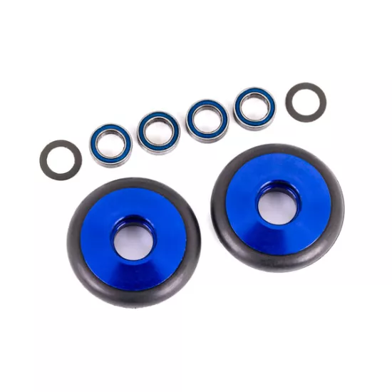 Wheels, wheelie bar, 6061-T6 aluminum (blue-anodized) (2)/ 5x8x2.5mm ball bearings (4)/ o-rings (2)/ 5x8x0.3mm TW (2)