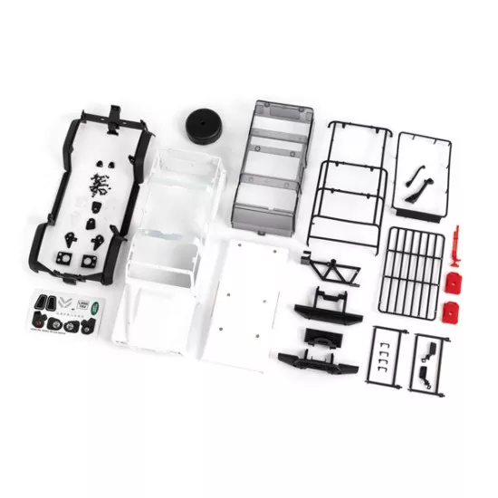 Body, Land Rover Defender, complete (white, requires painting) (includes grille, side mirrors, door handles, fender flares, fuel canisters, jack, spare tire mount, & clipless mounting)