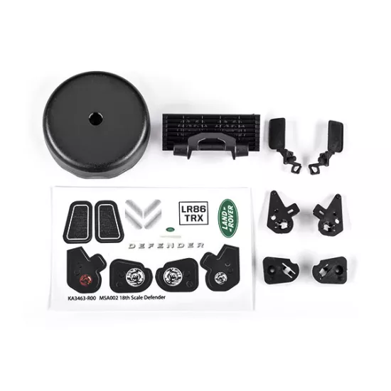 Grille/ mirrors, side (left & right)/ spare tire cover/ light retainers, body (front & rear, left & right)/ decal sheet (fits #9712 body)