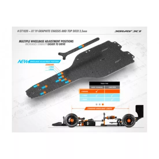 X1'19 GRAPHITE CHASSIS & TOP DECK 2.5MM - ADJ. WHEELBASE, X371020