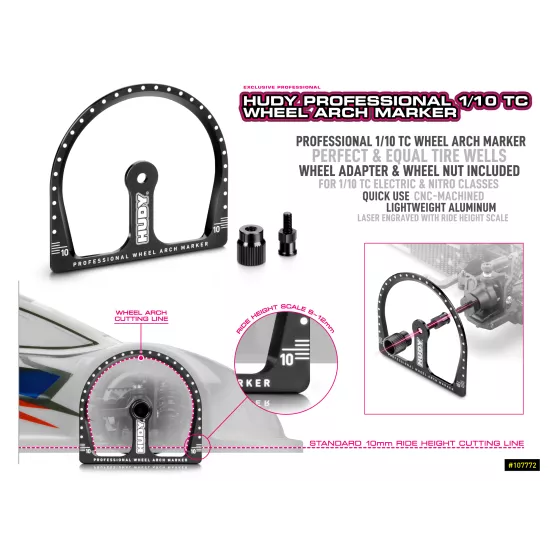 HUDY PROFESSIONAL 1/10 TC WHEEL ARCH MARKER + WHEEL ADAPTER & NUT